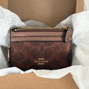 Coach NWT Mini Skinny Id Case In Signature Canvas Copper Key Chain GIFT BOX